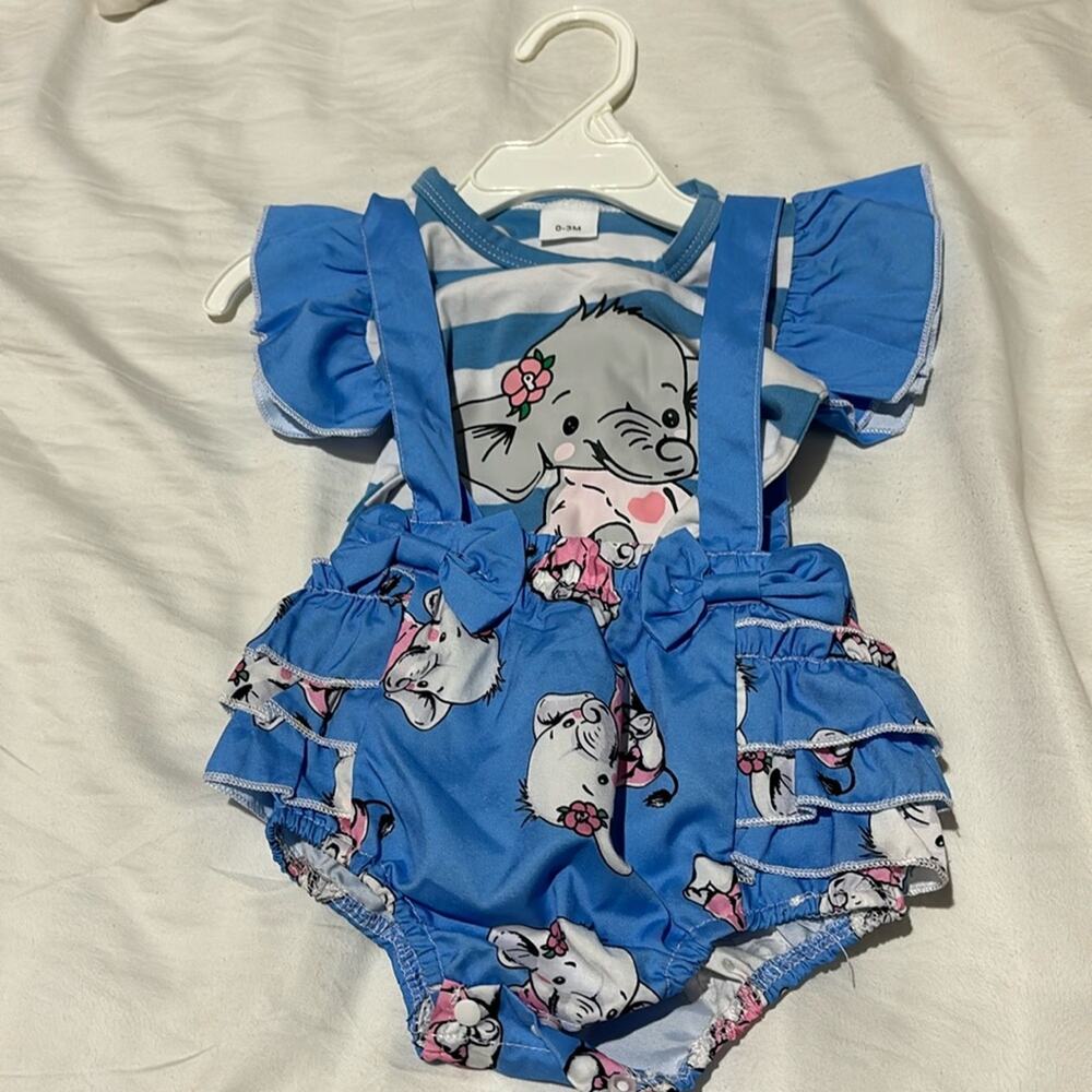 Blue white stripe elephant t shirt ruffled bloomers suspenders nwot perfect